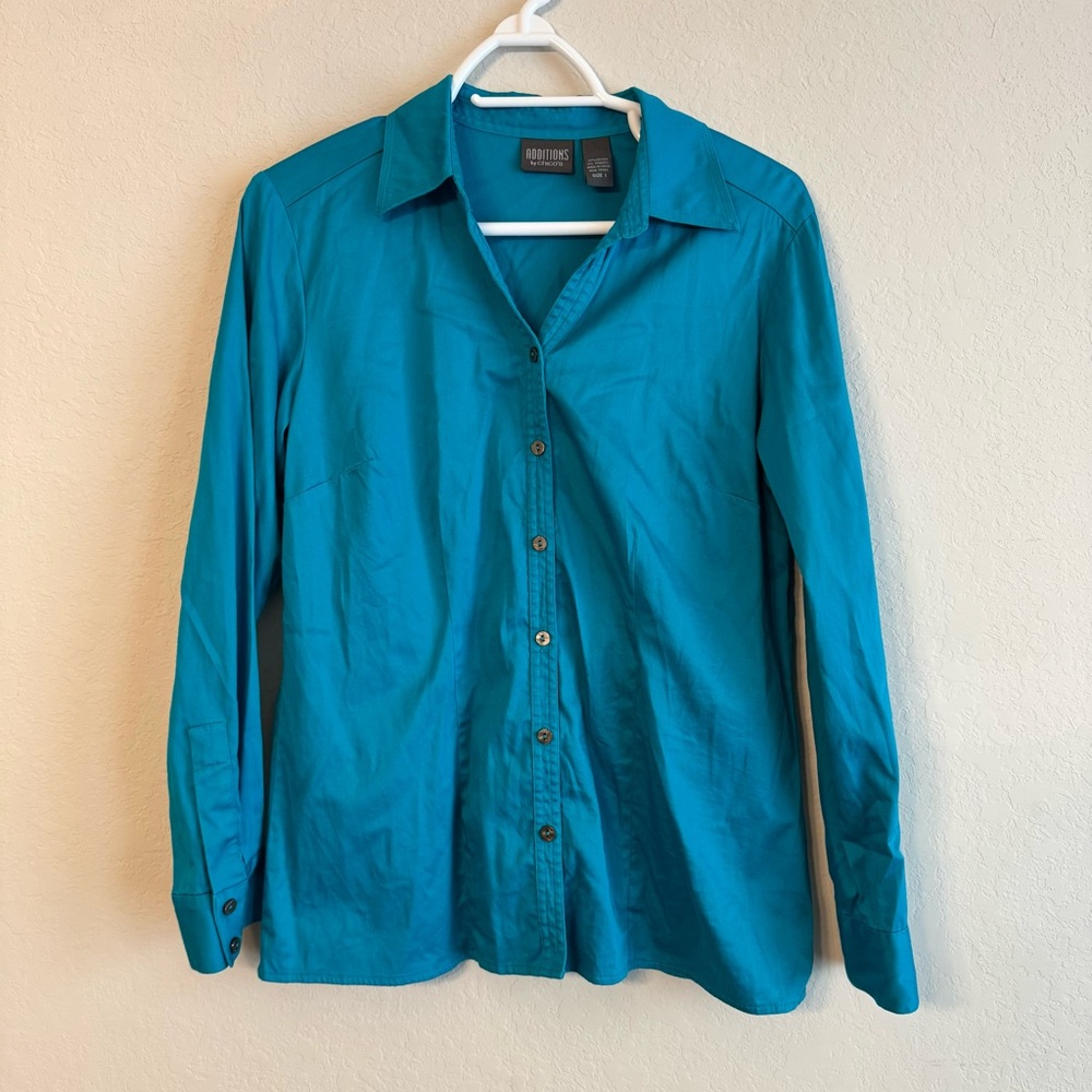 Chicos Teal Button Up Blouse Long Sleeve Size 1/Medium